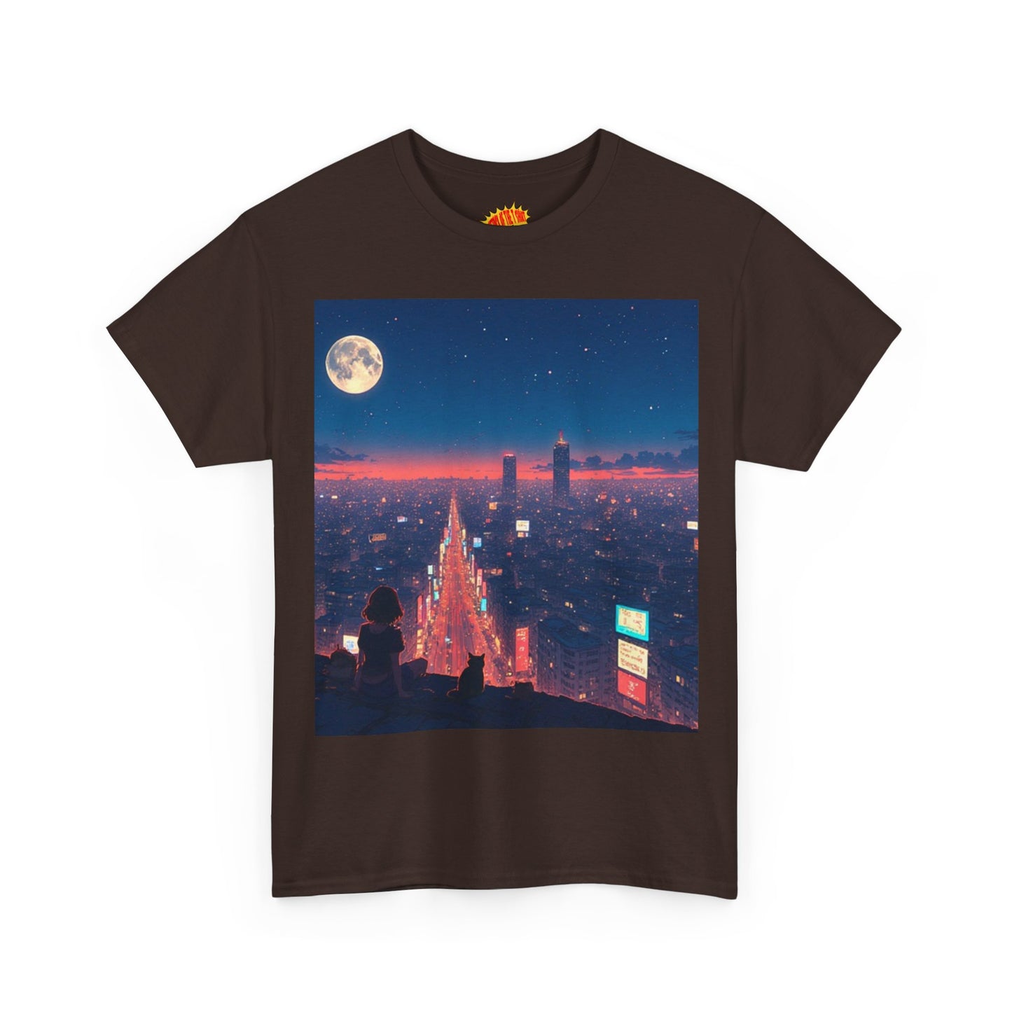 Anime Neon City Night Scene w/Girl & Cats T-Shirt *Multiple Colors*
