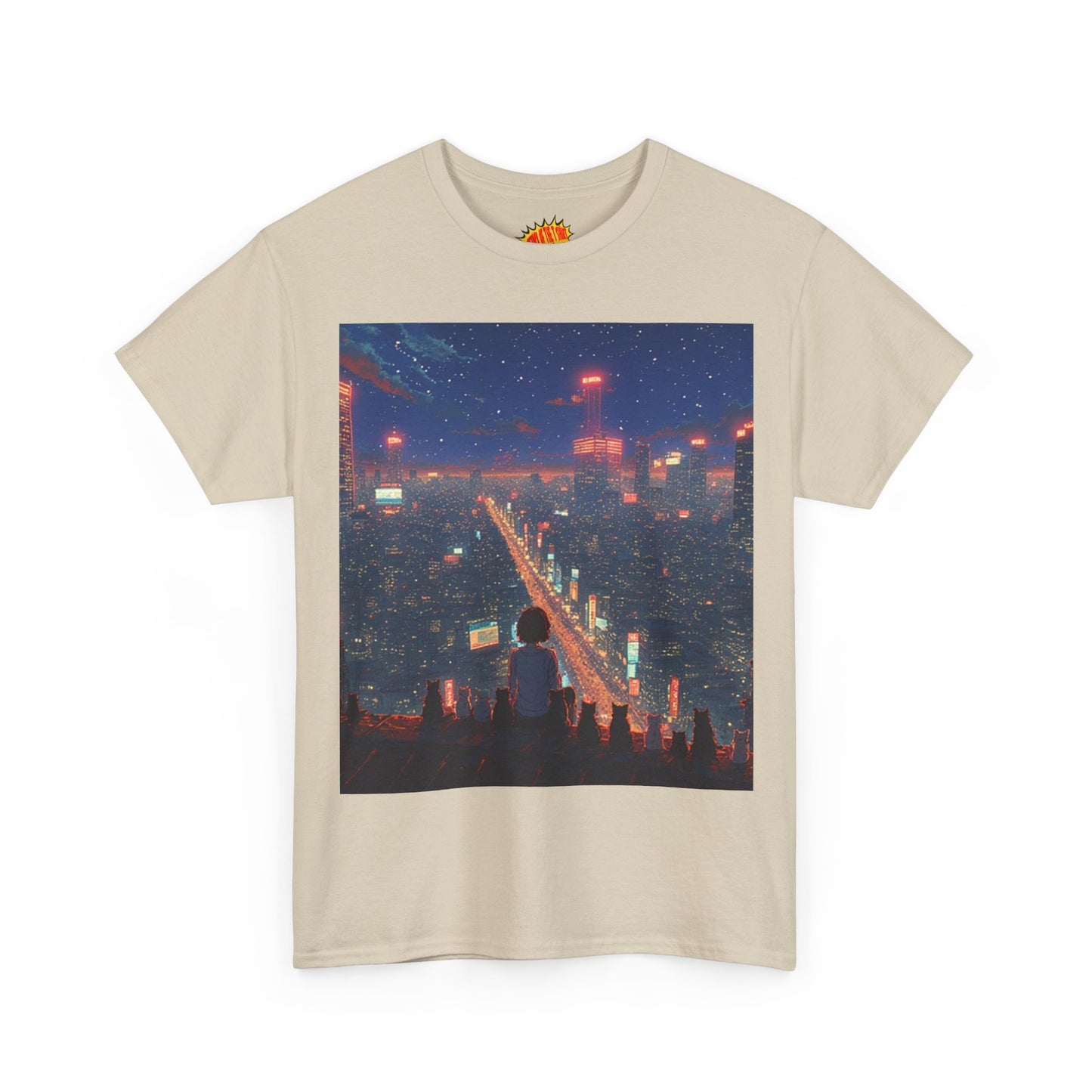 Nighttime Neon Anime City Scene w/Girl & Cats T-Shirt *Multiple Colors*