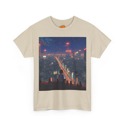 Nighttime Neon Anime City Scene w/Girl & Cats T-Shirt