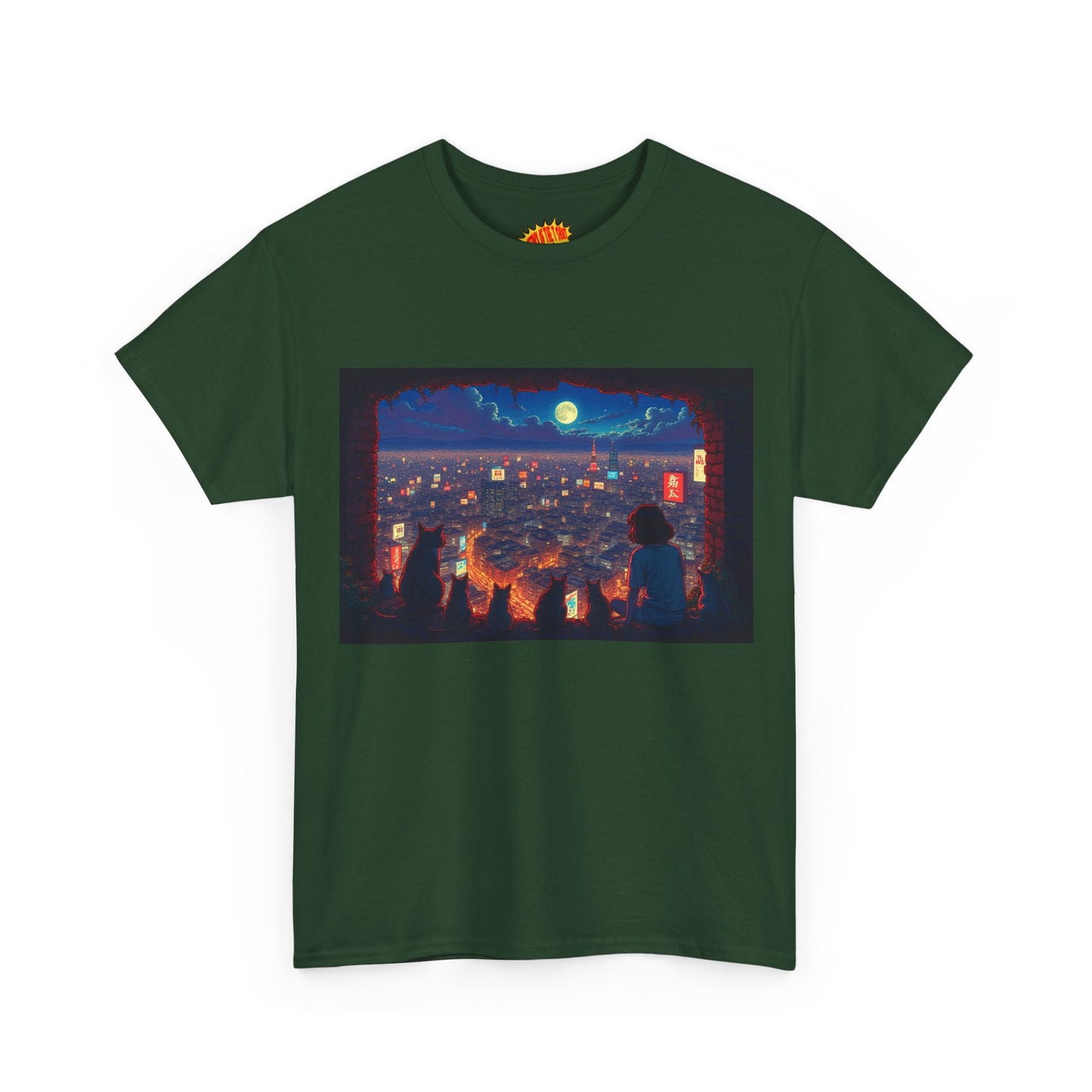 Cityscape Anime Nighttime Scene w/Girl & Cats T-Shirt *Multiple Colors*