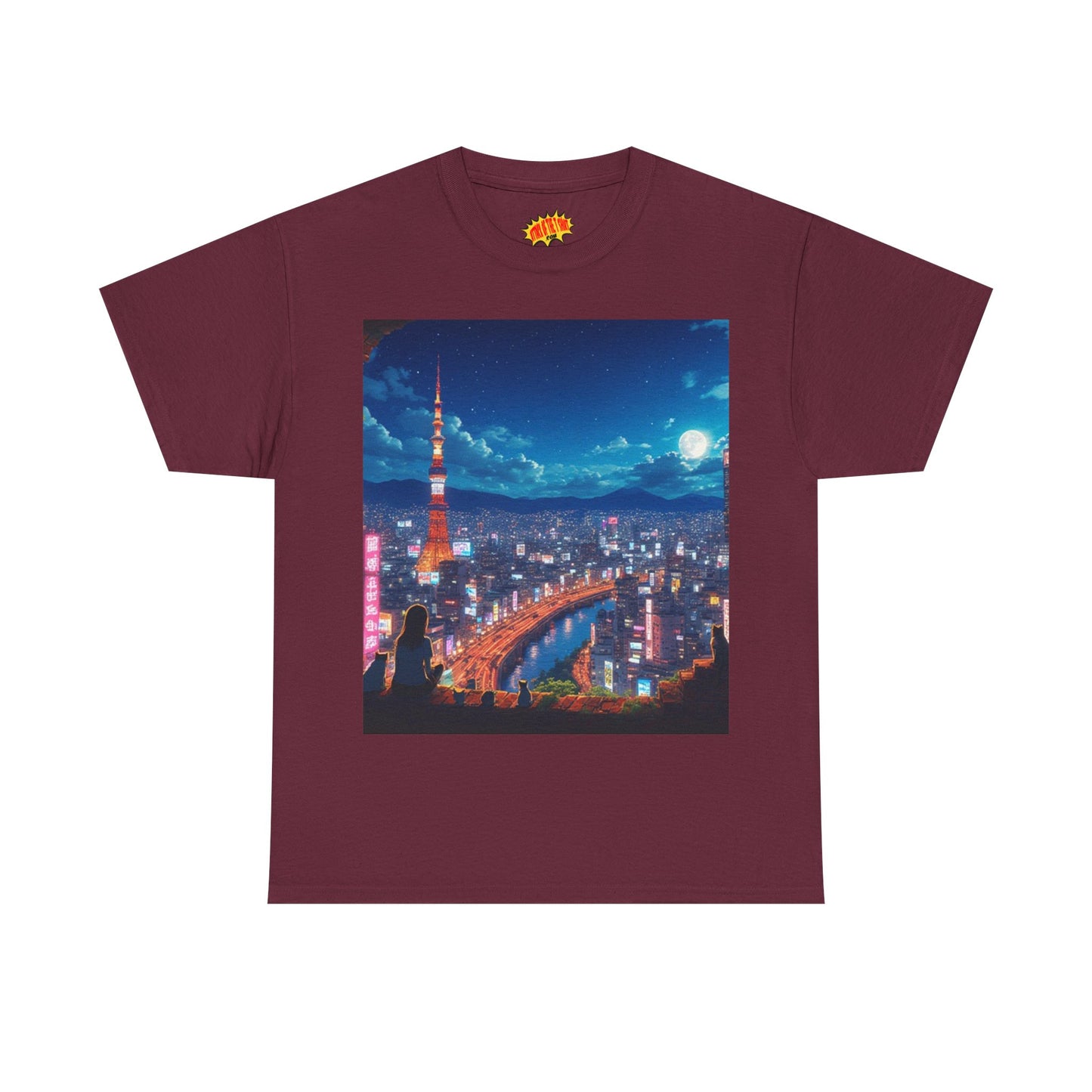 Neon Cityscape Nighttime Anime Scene w/Girl & Cats T-Shirt *Multiple Colors*