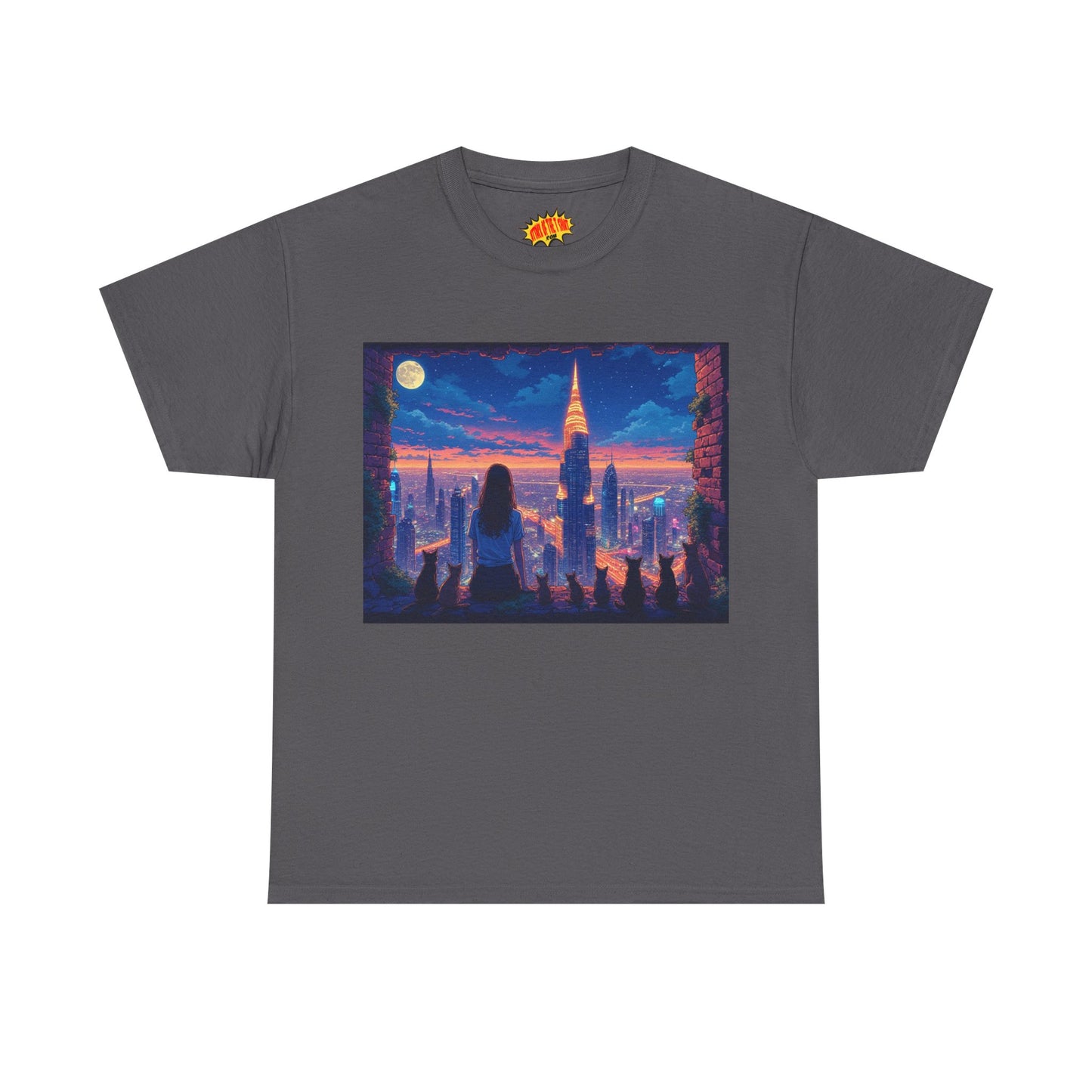 Anime Neon City Full Moon Scene w/Girl & Cats T-Shirt *Multiple Colors*