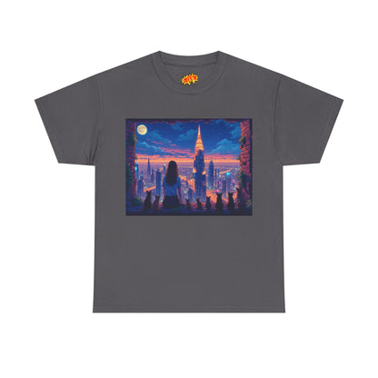 Anime Neon City Full Moon Scene w/Girl & Cats T-Shirt