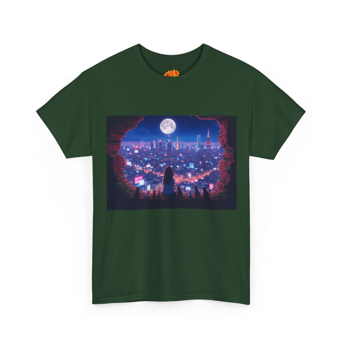 Neon Anime City Night Scene w/Girl & Cats T-Shirt *Multiple Colors*