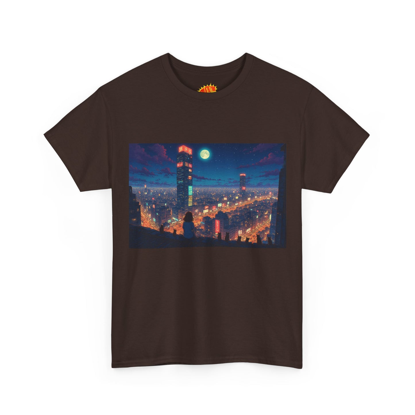 Neon Anime Style City Scene w/Girl & Cats T-Shirt *Multiple Colors*