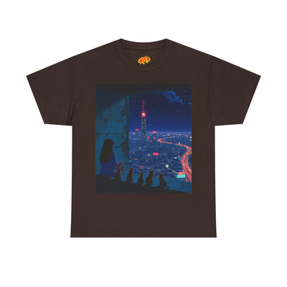 Anime Cityscape Night Scene w/Girl & Cats T-Shirt