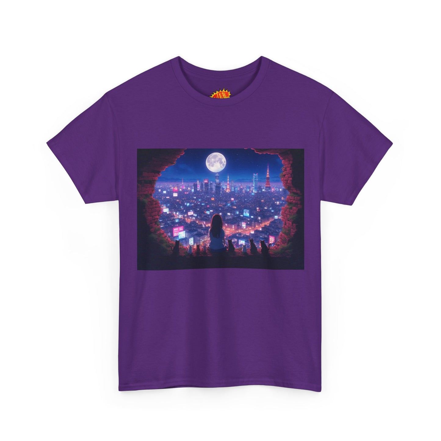 Neon Anime City Night Scene w/Girl & Cats T-Shirt *Multiple Colors*