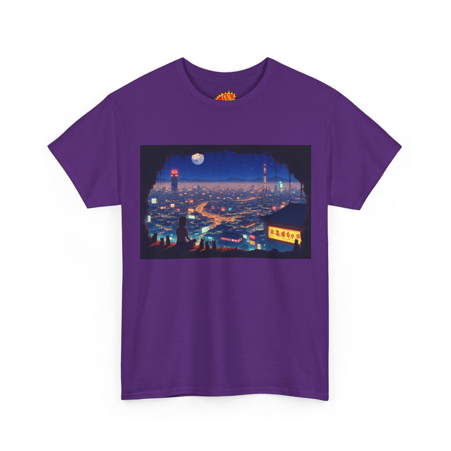 Anime Neon Cityscape Scene w/Girl & Cats T-Shirt *Multiple Colors*