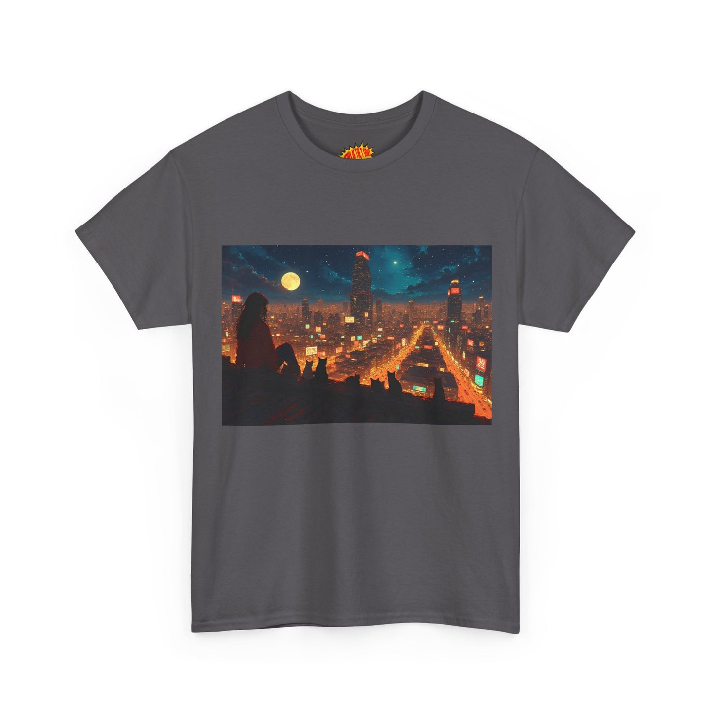 Anime Style Neon City Scene w/Girl & Cats T-Shirt *Multiple Colors*