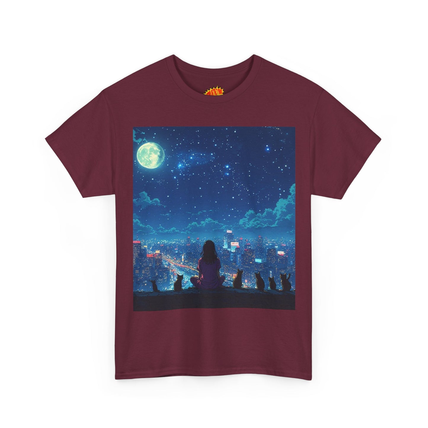 Anime Full Moon City Scene w/Girl & Cats T-Shirt *Multiple Colors*