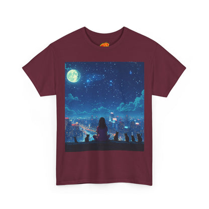 Anime Full Moon City Scene w/Girl & Cats T-Shirt