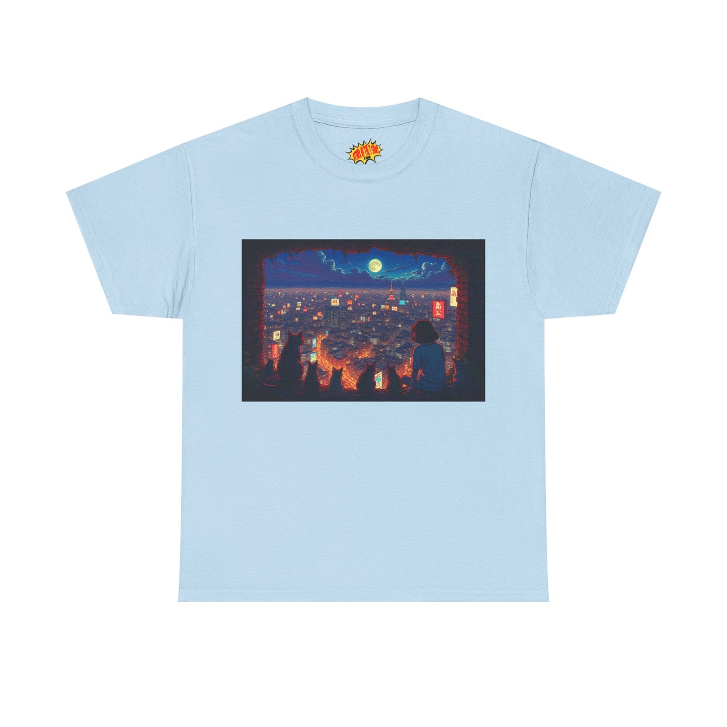 Cityscape Anime Nighttime Scene w/Girl & Cats T-Shirt *Multiple Colors*