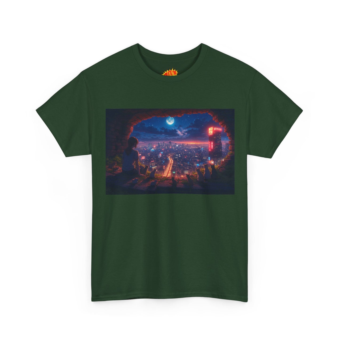 Anime Neon Cityscape Nighttime Scene w/Girl & Cats T-Shirt *Multiple Colors*