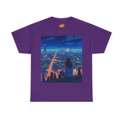 Anime Cityscape Night Sky Scene w/Girl & Cats T-Shirt