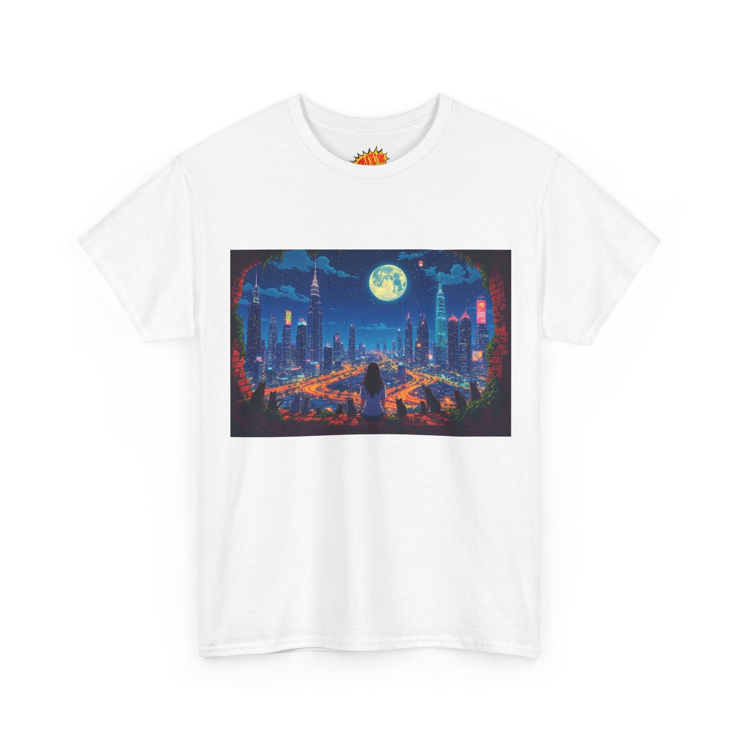 Anime City Night Scene w/Girl & Cats T-Shirt *Multiple Colors*