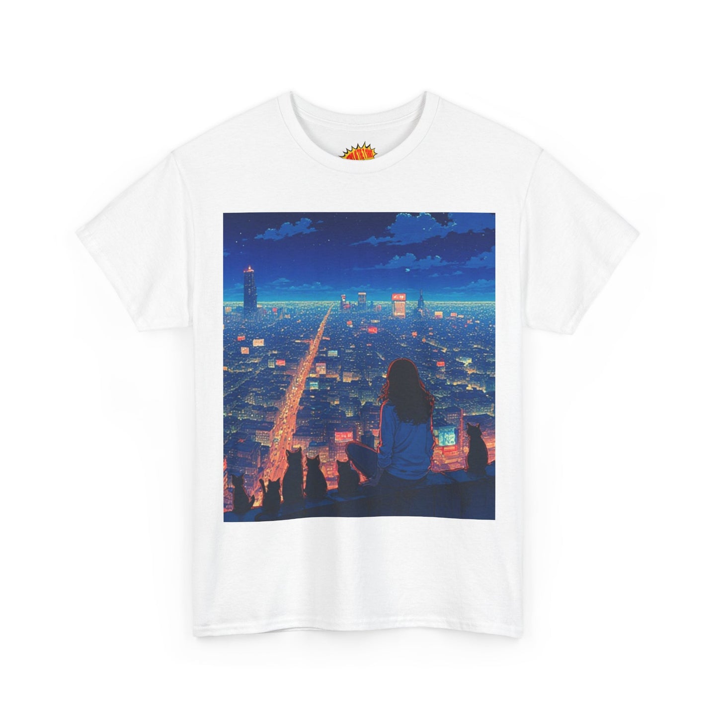 Anime Cityscape Night Sky Scene w/Girl & Cats T-Shirt *Multiple Colors*