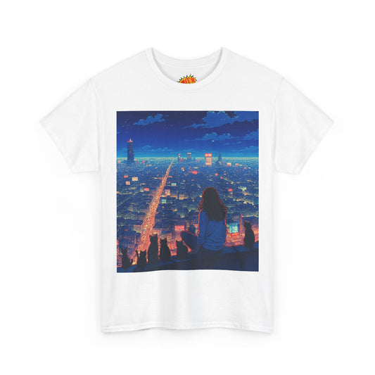 Anime Cityscape Night Sky Scene w/Girl & Cats T-Shirt *Multiple Colors*