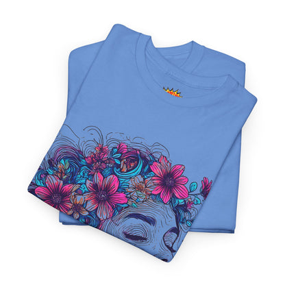 Multicolor Line Drawing Human Flower Graphic Art Tee Shirt