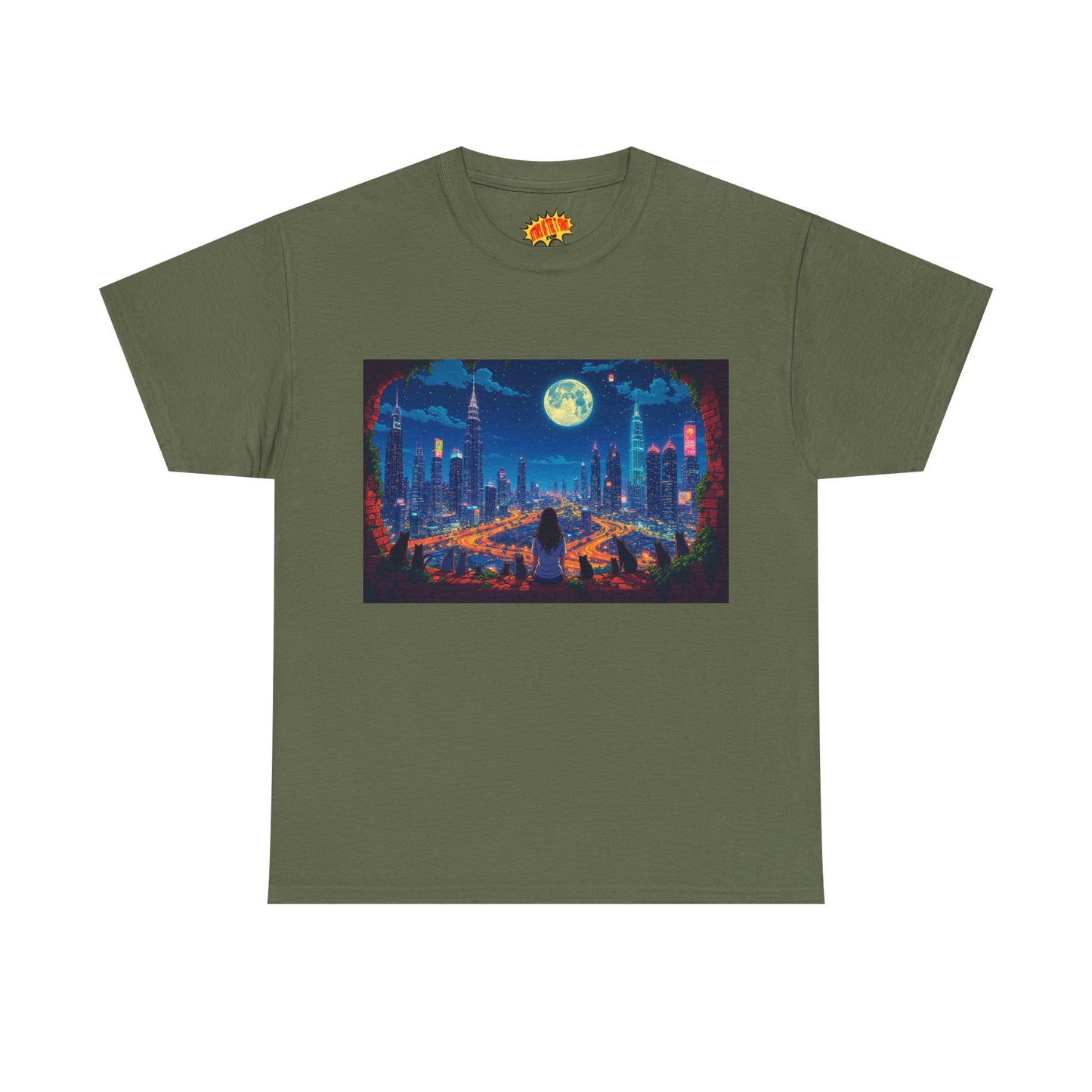 Anime City Night Scene w/Girl & Cats T-Shirt *Multiple Colors*