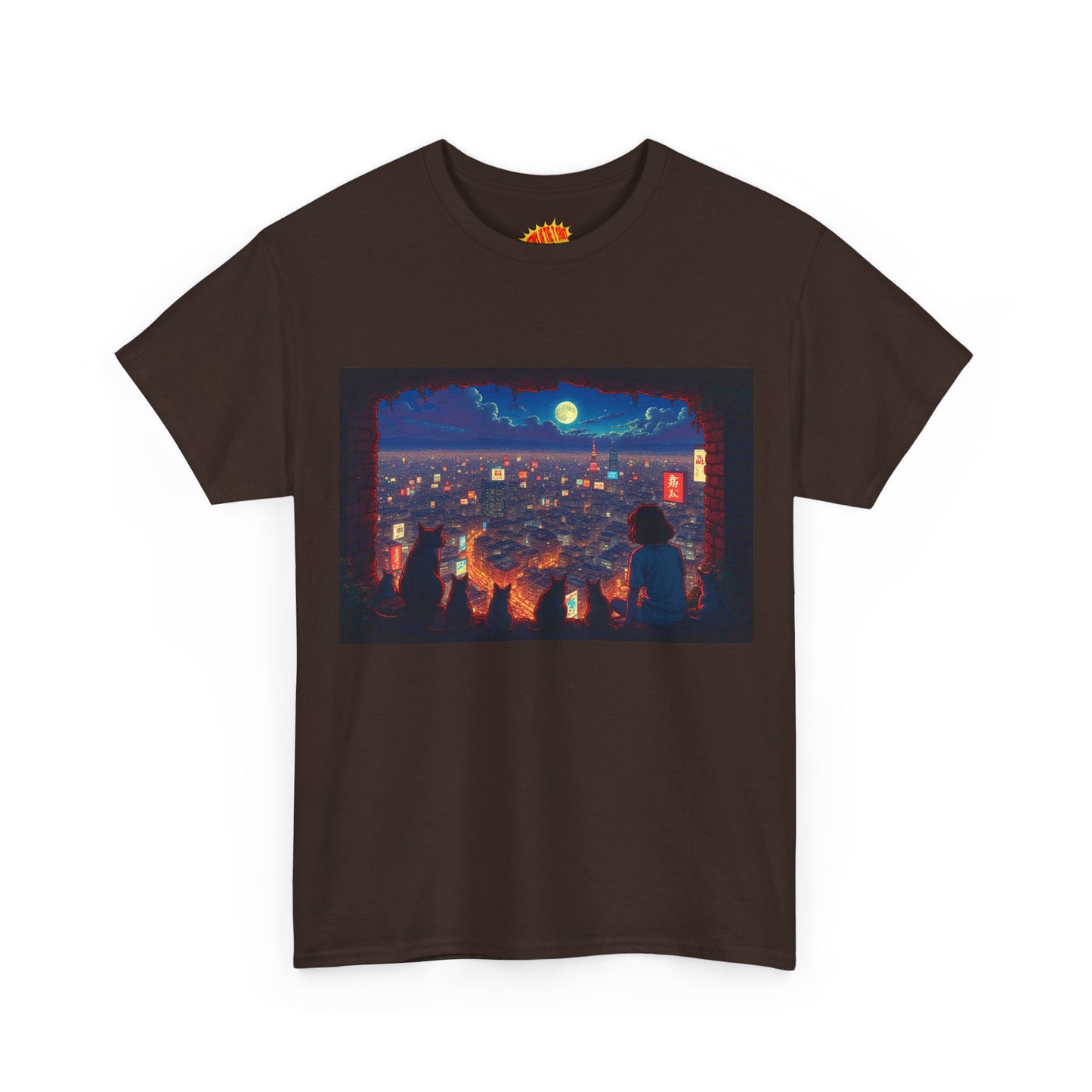 Cityscape Anime Nighttime Scene w/Girl & Cats T-Shirt *Multiple Colors*
