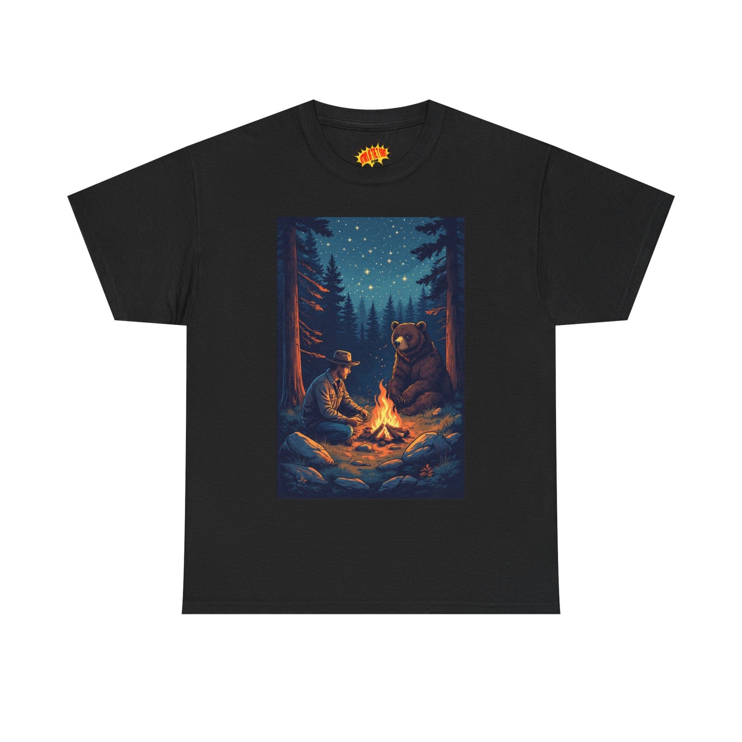 Cowboy w/ Brown Bear Campfire Scene T-Shirt *Multiple Colors*