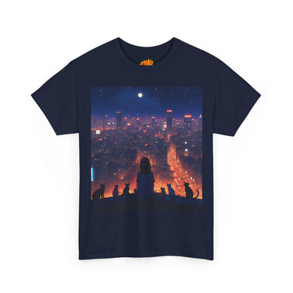 Neon City Anime Nighttime Scene w/Girl & Cats T-Shirt