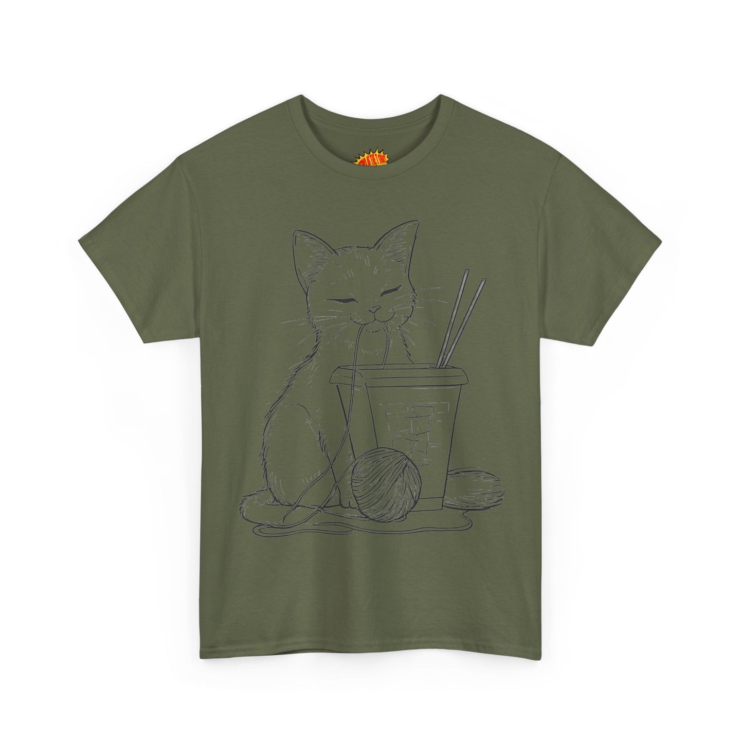Cat w/Takeout + Yarn Ball Line Drawing Tee Shirt *Multiple Colors*