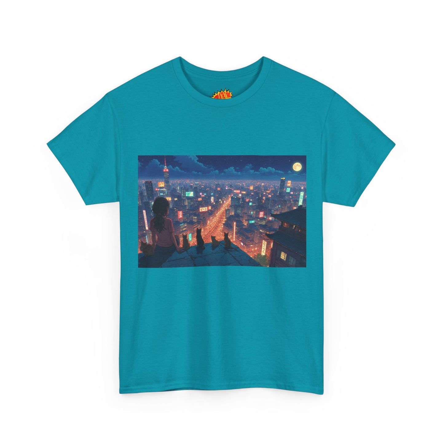 Anime Neon Cityscape Scene w/Girl & Cats T-Shirt *Multiple Colors*