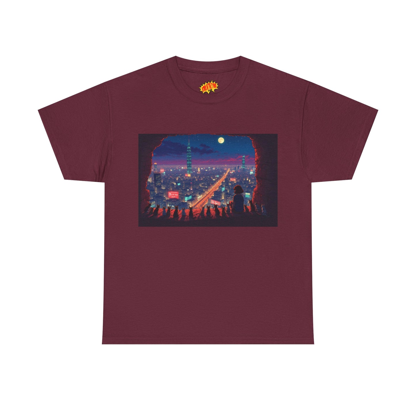 Anime Neon Cityscape Scene w/Cats T-Shirt *Multiple Colors*