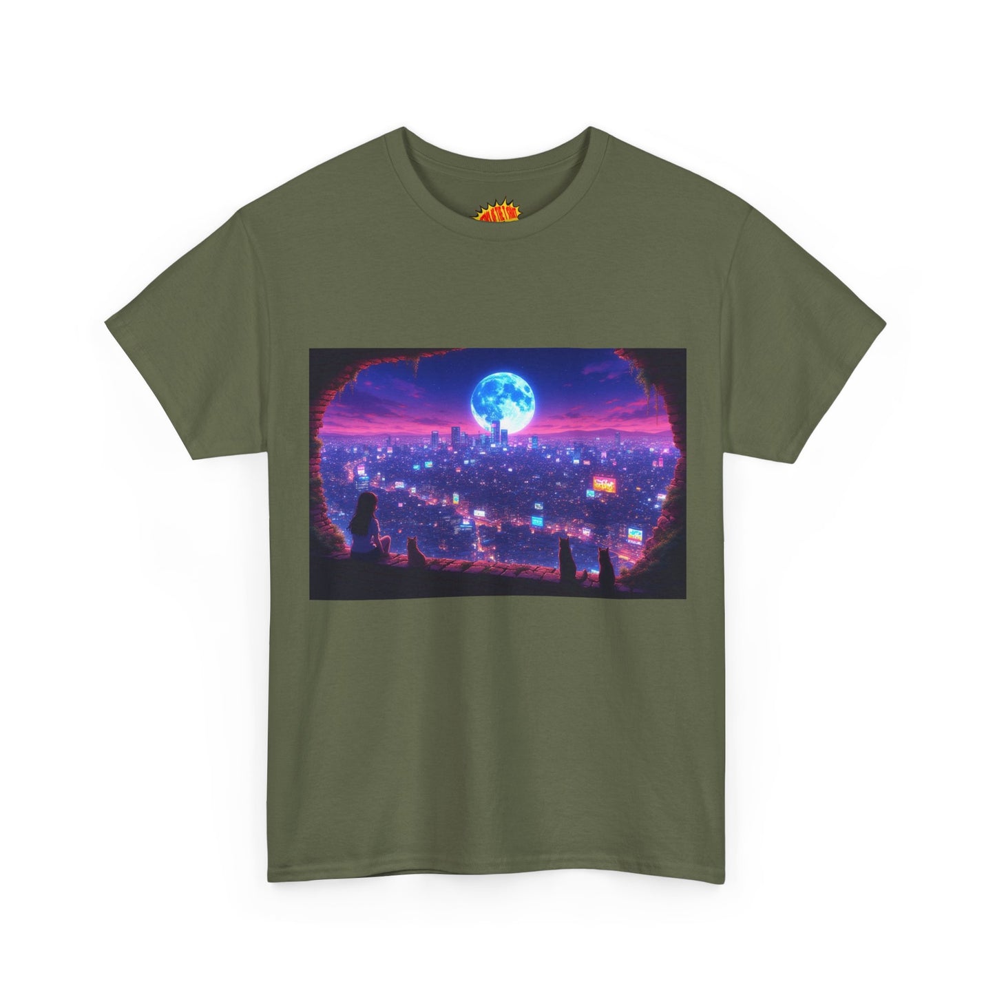 Neon Anime Cityscape Full Moon Scene w/Girl & Cats T-Shirt *Multiple Colors*
