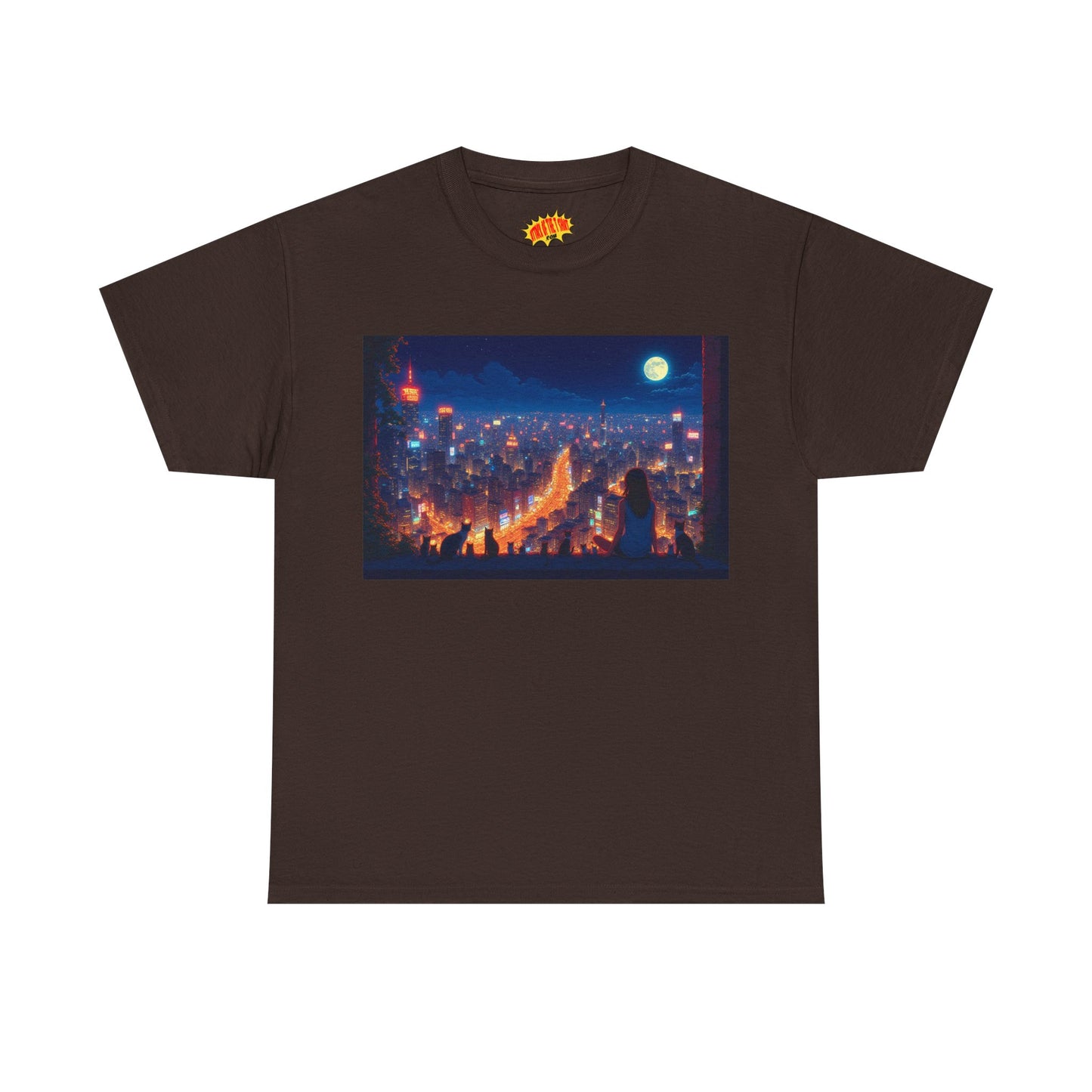 Anime City Night Scene w/Girl & Cats T-Shirt *Multiple Colors*