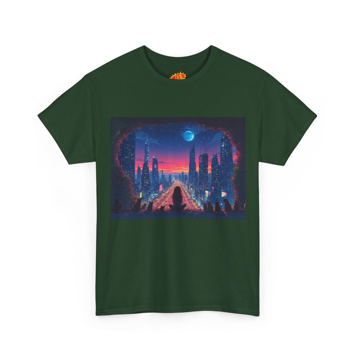 Anime Neon Cityscape Full Moon w/Girl & Cats T-Shirt *Multiple Colors*
