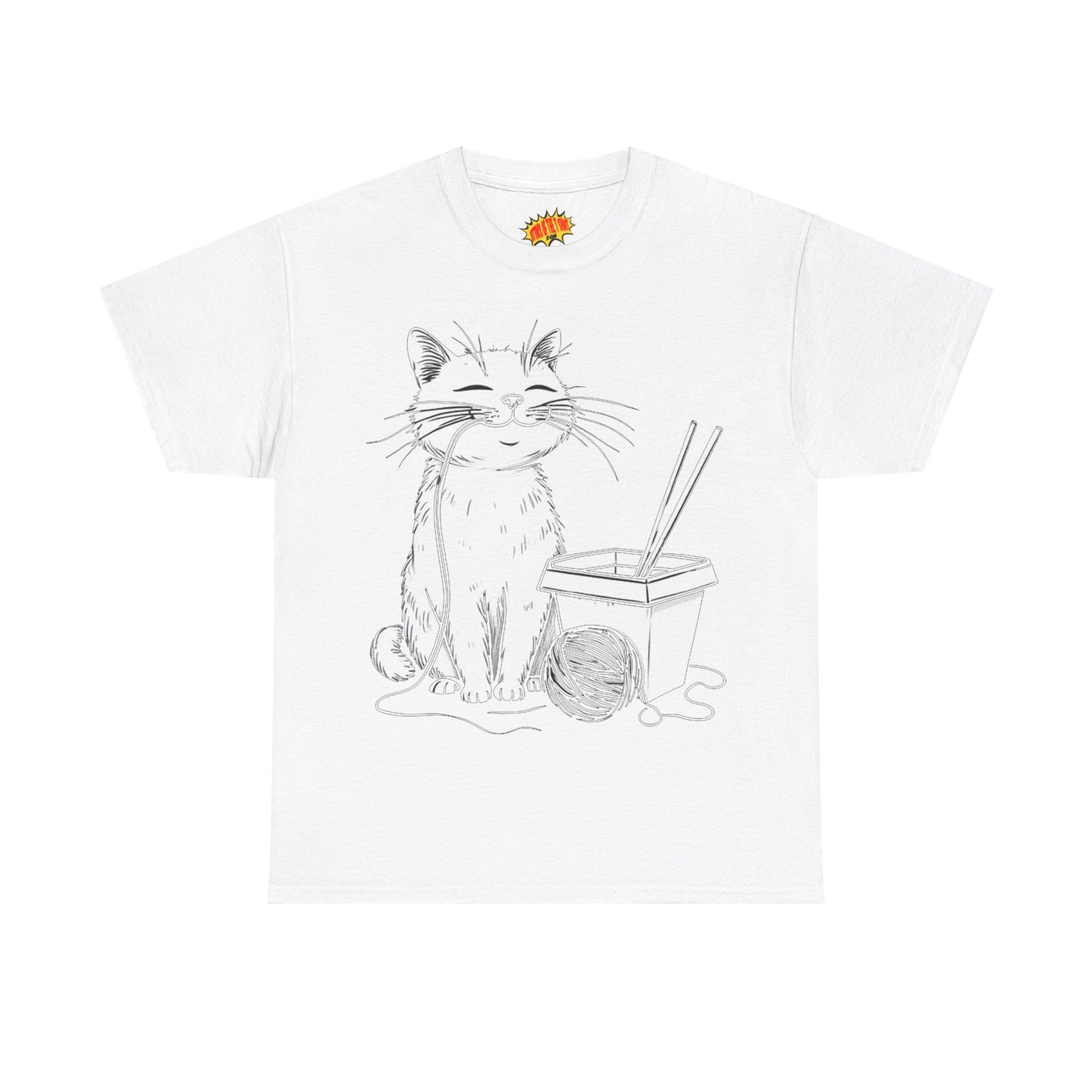 Happy Cat w/Noodles + Yarn Ball Art Drawing Tee Shirt *Multiple Colors*