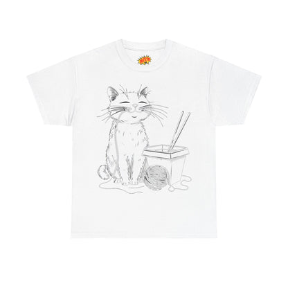 Happy Cat w/Noodles + Yarn Ball Art Drawing Tee Shirt