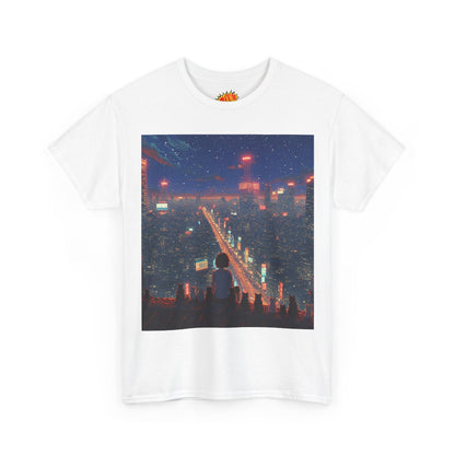 Nighttime Neon Anime City Scene w/Girl & Cats T-Shirt