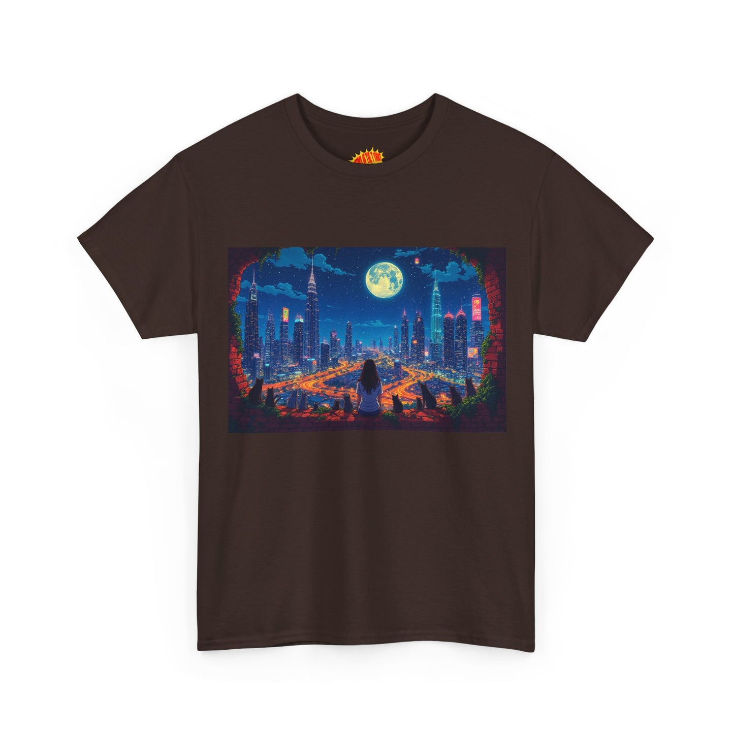 Anime City Night Scene w/Girl & Cats T-Shirt *Multiple Colors*