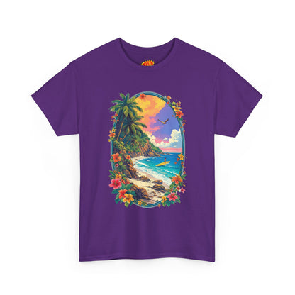Tropical Beach Scene w/Oval Floral Frame T-Shirt