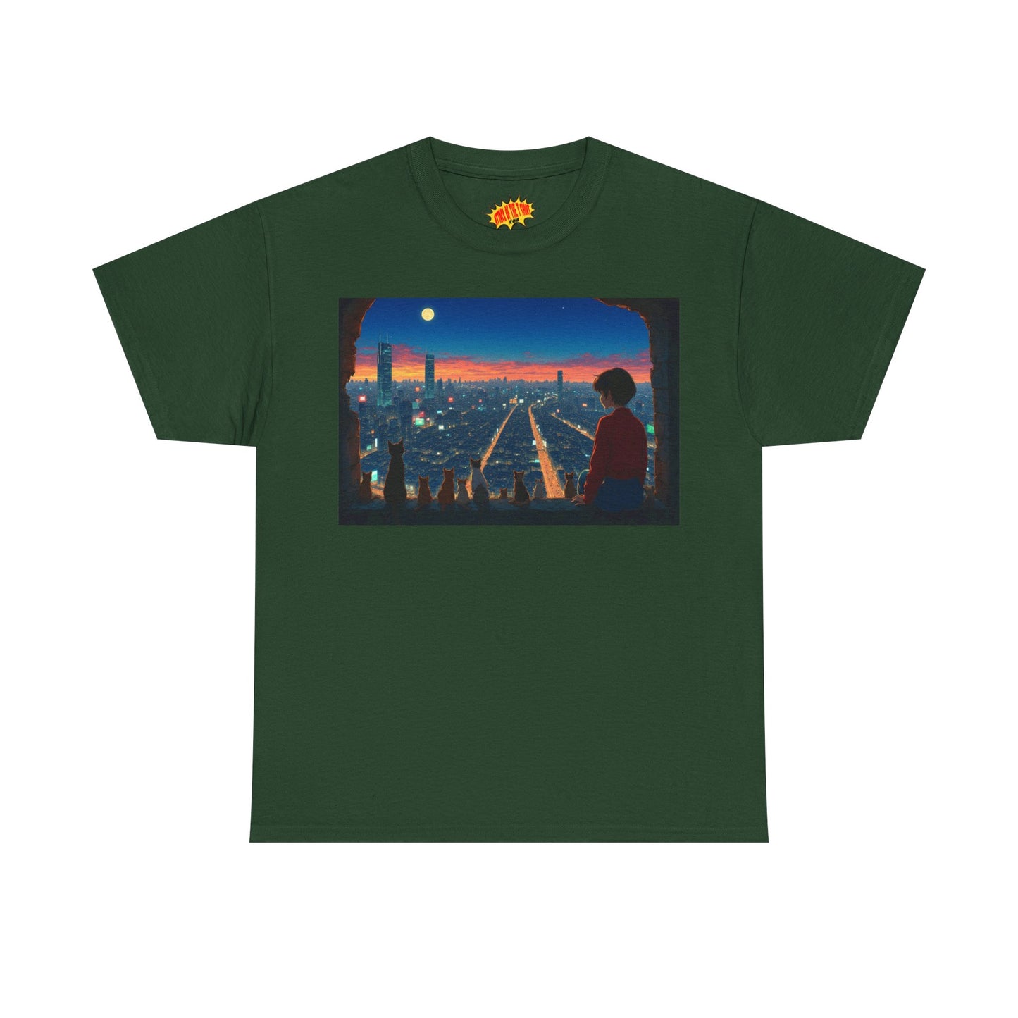 Neon Cityscape Anime Scene w/Girl & Cats T-Shirt *Multiple Colors*