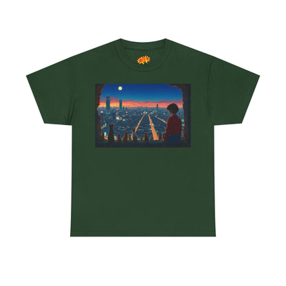 Neon Cityscape Anime Scene w/Girl & Cats T-Shirt