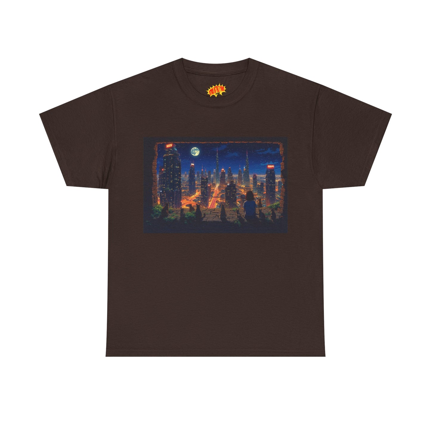 Neon Anime Cityscape Full Moon w/Girl & Cats T-Shirt *Multiple Colors*