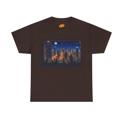 Neon Anime Cityscape Full Moon w/Girl & Cats T-Shirt