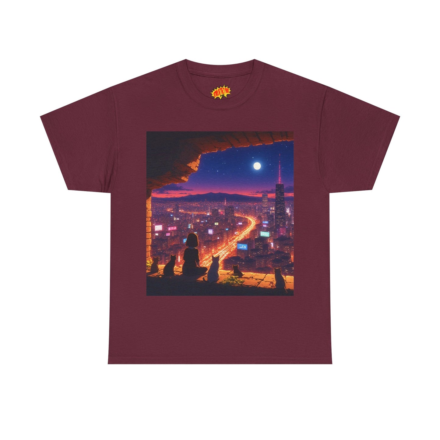 Anime Neon Cityscape Full Moon Scene w/Girl & Cats T-Shirt *Multiple Colors*