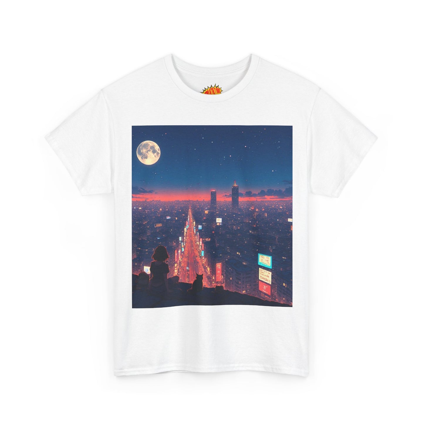 Anime Neon City Night Scene w/Girl & Cats T-Shirt *Multiple Colors*