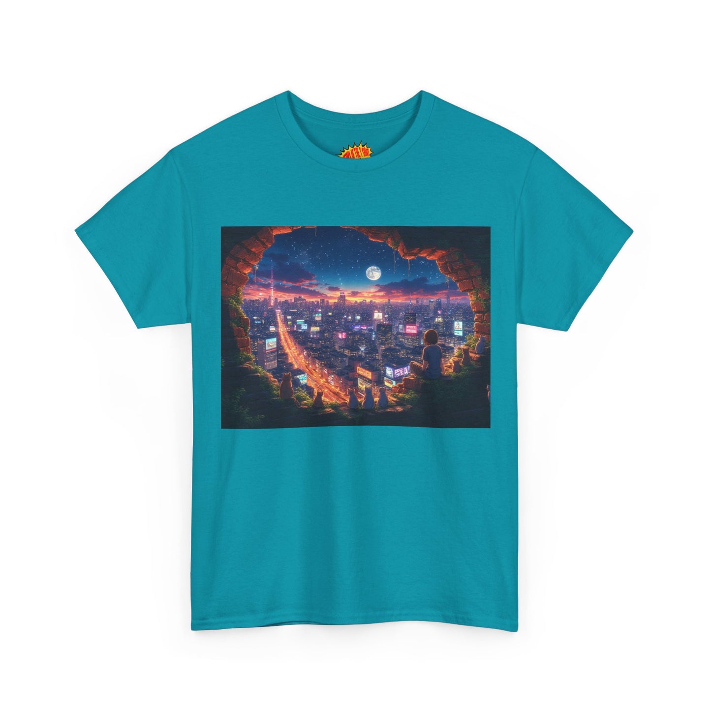 Anime Neon City Nighttime Scene w/Girl & Cats T-Shirt *Multiple Colors*