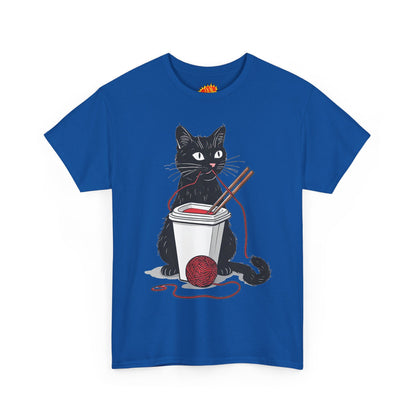 Black Cat w/Noodles + Yarn Ball Art Drawing Tee Shirt