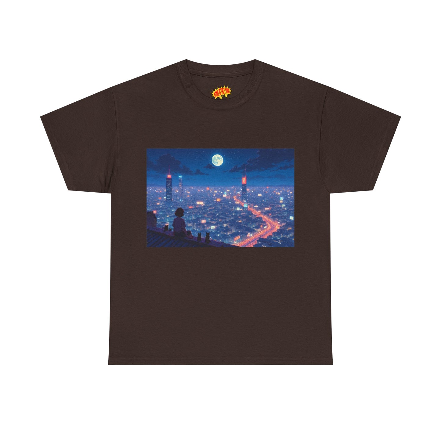 Anime Neon City Full Moon Scene w/Girl & Cats T-Shirt *Multiple Colors*