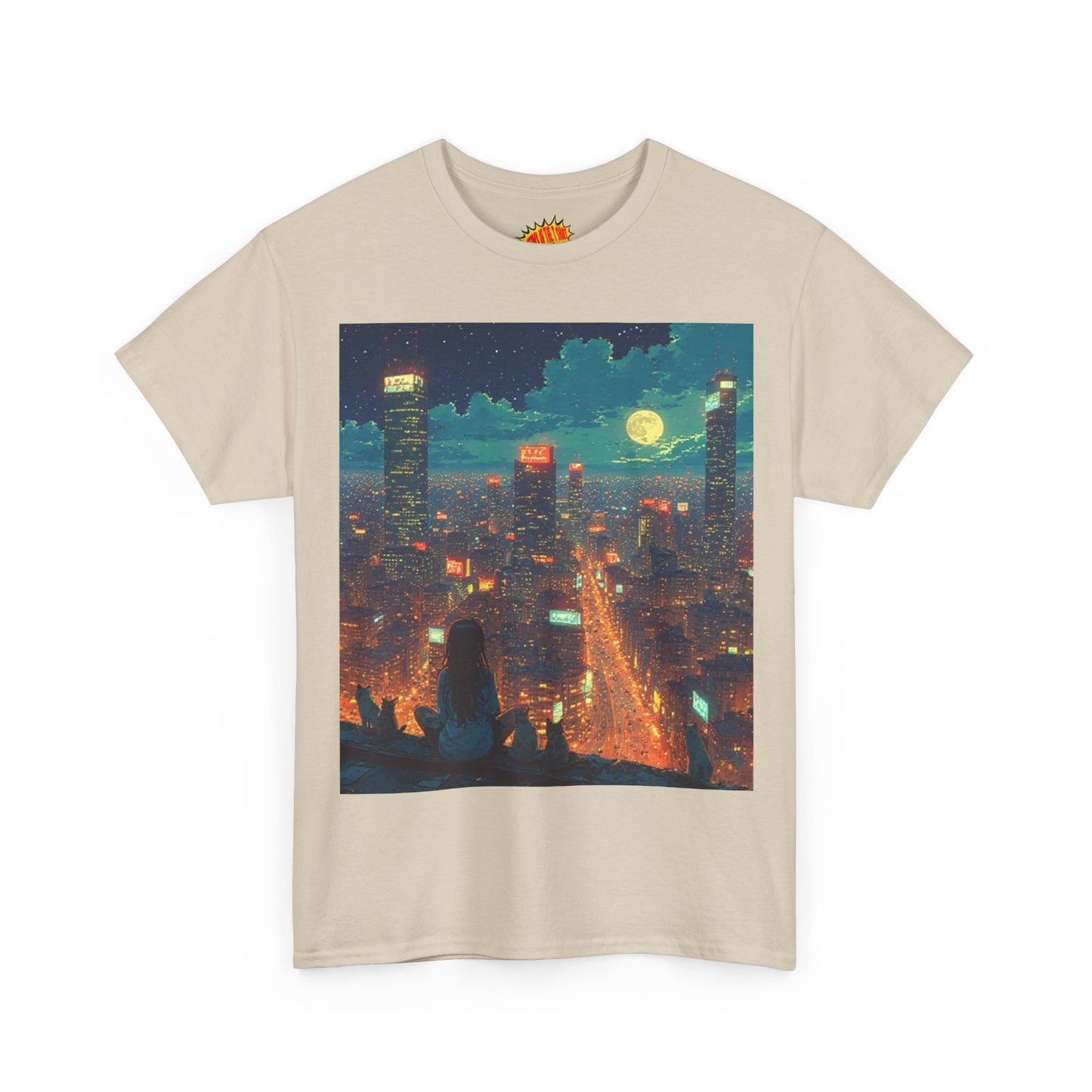 Nighttime Neon Anime Cityscape w/Girl & Cats T-Shirt *Multiple Colors*