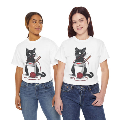 Black Cat w/Noodles + Yarn Ball Art Drawing Tee Shirt