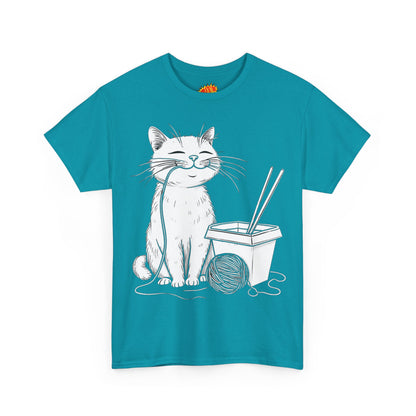 Happy Cat w/Noodles + Yarn Ball Art Drawing Tee Shirt