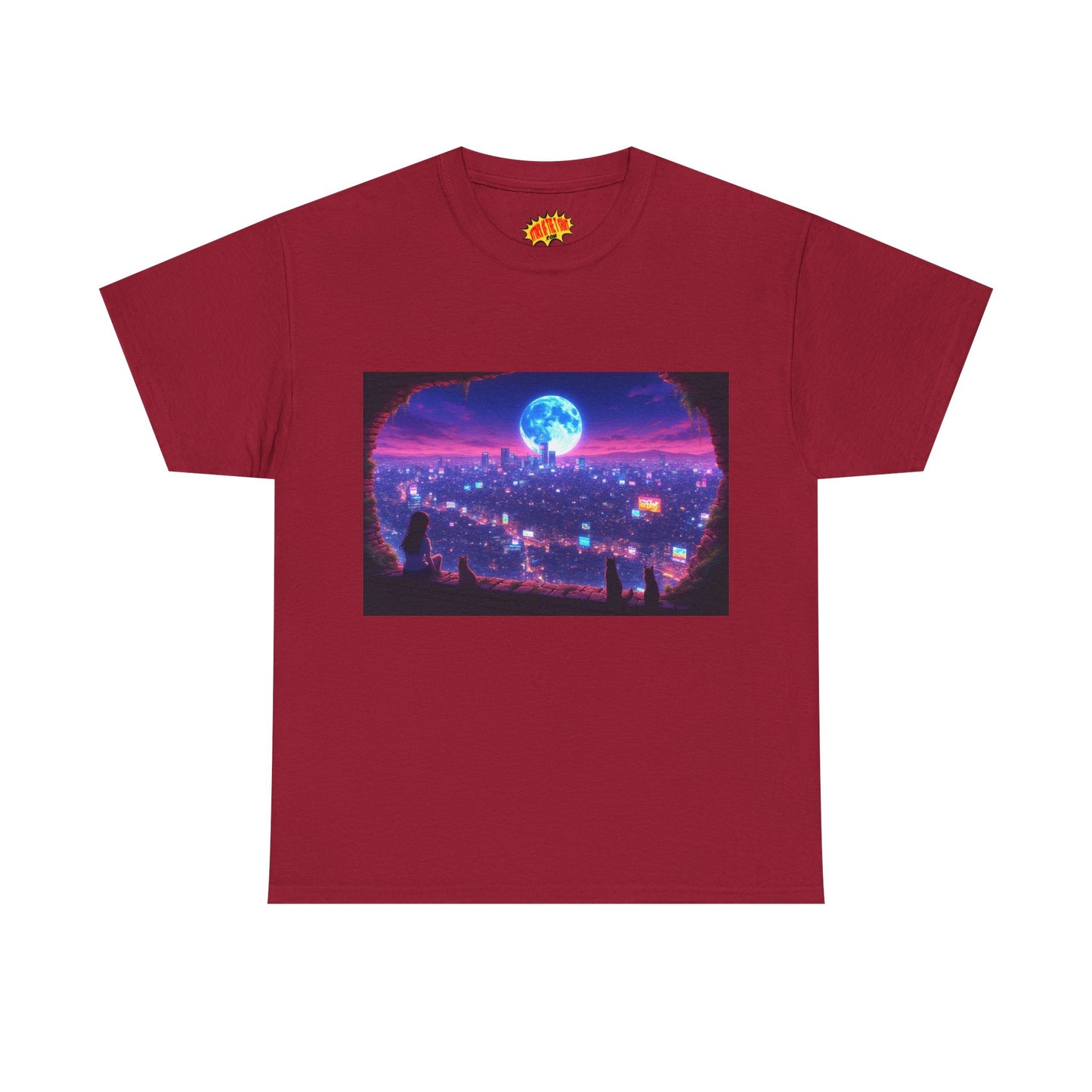 Neon Anime Cityscape Full Moon Scene w/Girl & Cats T-Shirt *Multiple Colors*